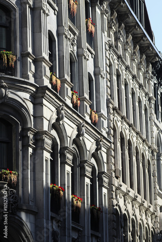 Colonial historic residential stone architecture with flowers and vines on window sill on sunny day