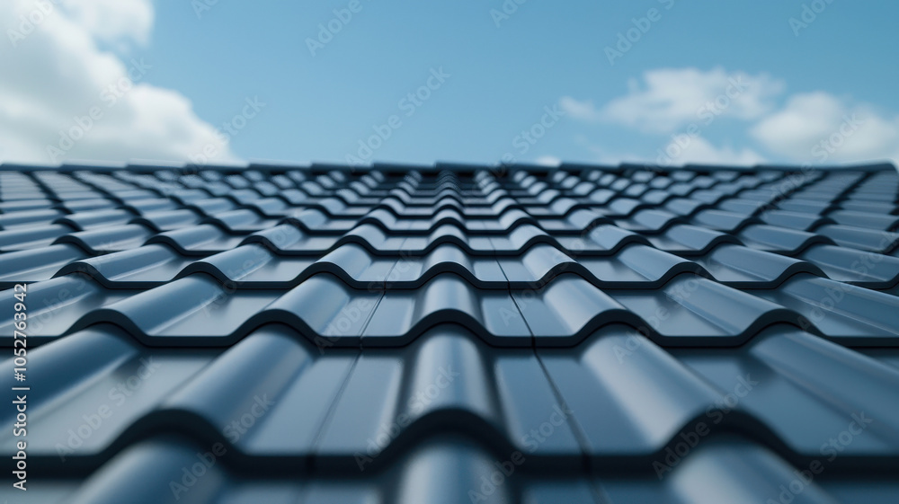 Fototapeta premium Close up view of modern metal roof showcasing its wavy texture and sleek design under clear blue sky. image captures beauty and durability of contemporary roofing materials