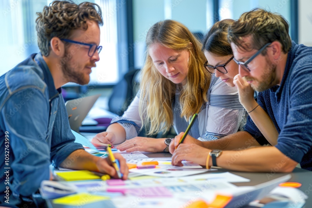 Collaborative project planning in office, diverse team brainstorming session Collaborative project planning in office, diverse team brainstorming session