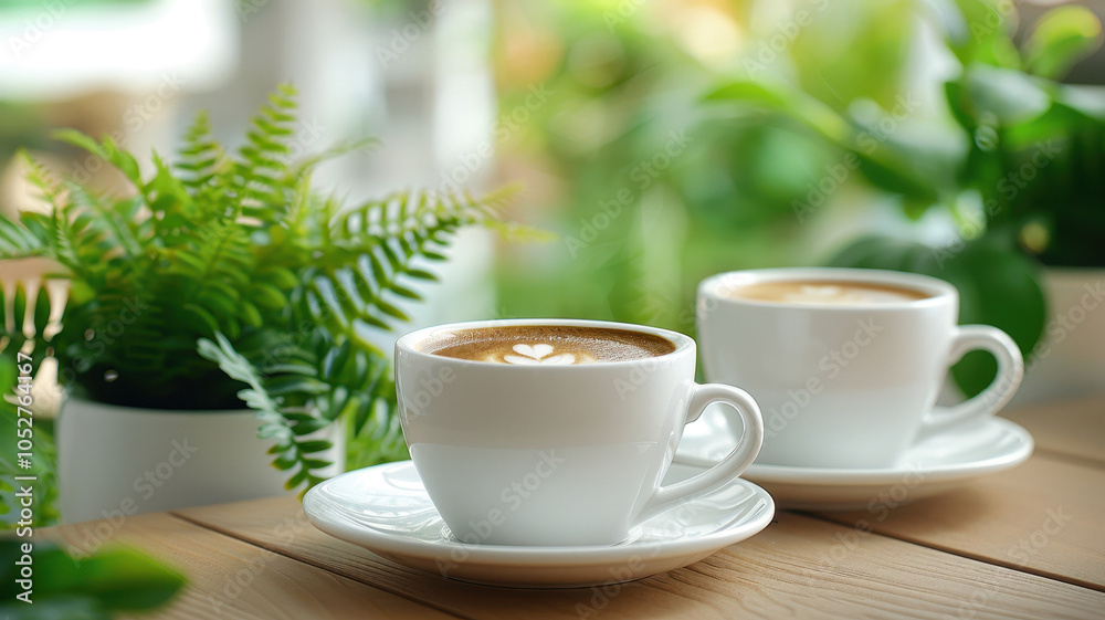 Serene setting featuring two cups of coffee on wooden table, surrounded by lush green plants. warm tones of coffee contrast beautifully with vibrant greenery, creating cozy atmosphere Serene setting featuring two cups of coffee on wooden table, surrounded by lush green plants. warm tones of coffee contrast beautifully with vibrant greenery, creating cozy atmosphere
