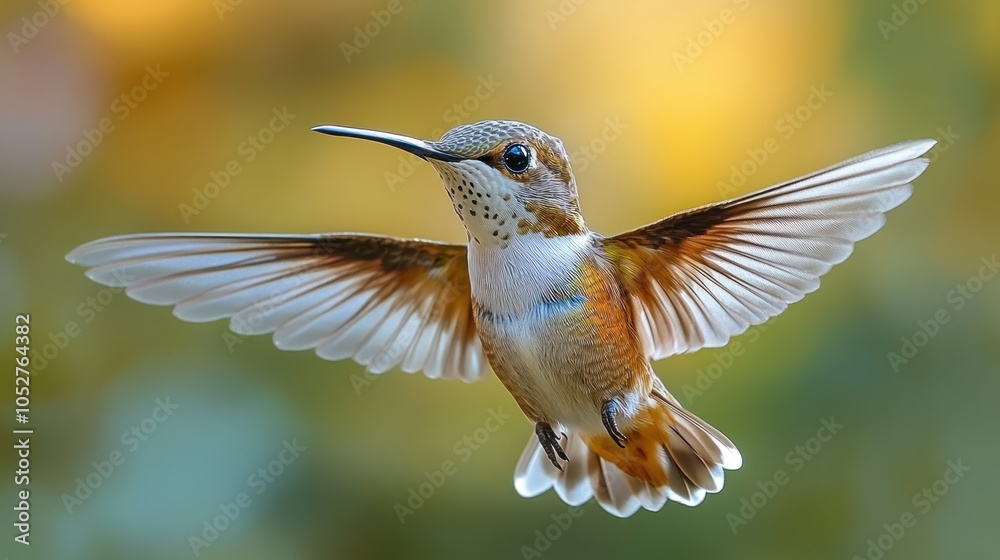 Fototapeta premium Hummingbird in flight, wings beating rapidly, each feather visible in motion.