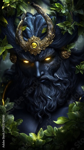 A close-up of a powerful, dark-skinned deity with a fierce expression, adorned in gold and surrounded by lush foliage.