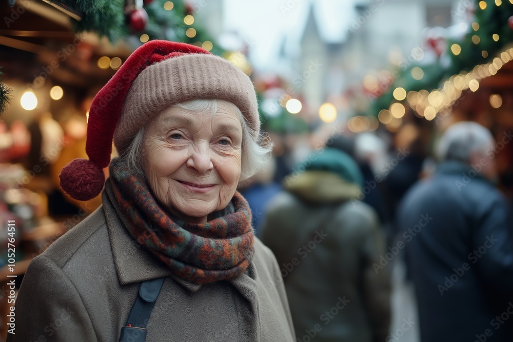 Elderly woman wearing festive hat enjoys vibrant Christmas shopping in a lively market filled with holiday decorations and shoppers Elderly woman wearing festive hat enjoys vibrant Christmas shopping in a lively market filled with holiday decorations and shoppers