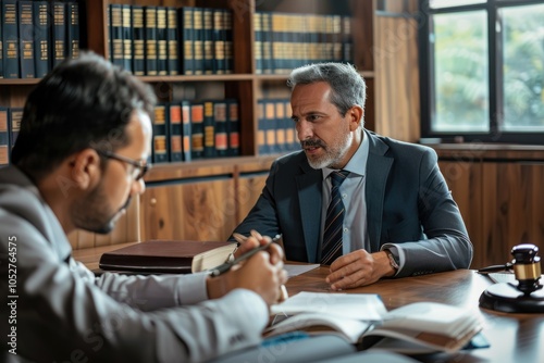 Lawyer discussing legal matters with client, providing advice in office