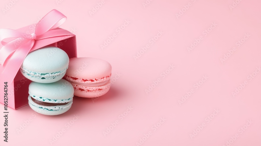 macarons in gift box with satin ribbon on pink background for luxury dessert gift, with copy space for text