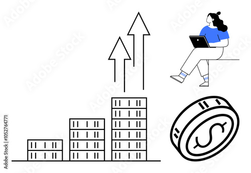 Woman working on laptop, ascending bar chart with arrows indicating growth, coin symbolizing money. Ideal for business growth, financial analysis, investments, economic progress, startups, digital