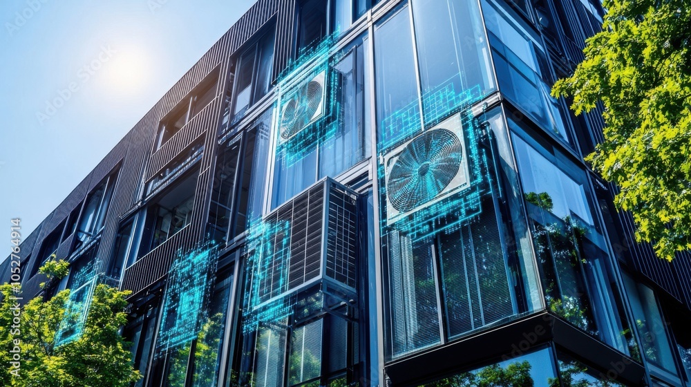 An office building with an energy-efficient HVAC system, displayed on a digital screen. An office building with an energy-efficient HVAC system, displayed on a digital screen.