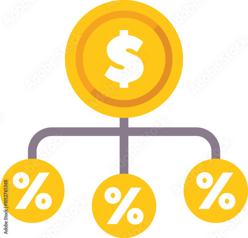 Large golden dollar coin is dividing into three smaller percentage symbol coins, symbolizing the concept of investment diversification