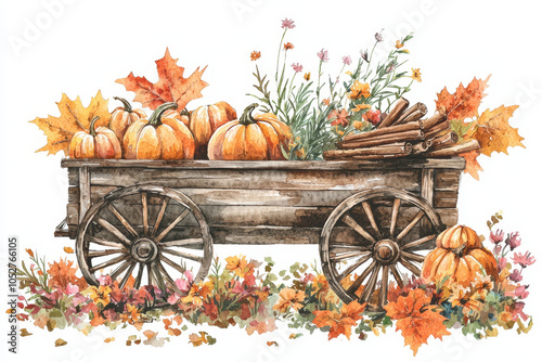 Watercolor illustration of a rustic wagon filled with pumpkins and surrounded by autumn leaves, evoking a cozy fall atmosphere.