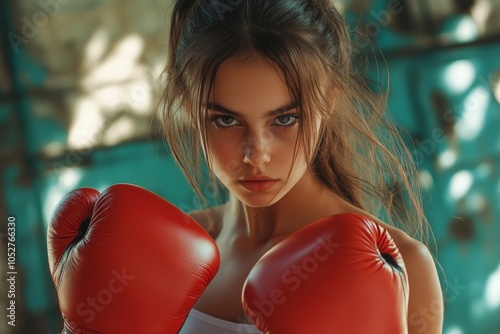 Young girl in red boxing gloves showcasing determination and strength in an empowering moment within a gym environment photo