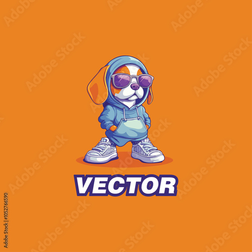 Cool Cartoon Dog in Blue Hoodie and Sunglasses on Orange Background Vector Illustration