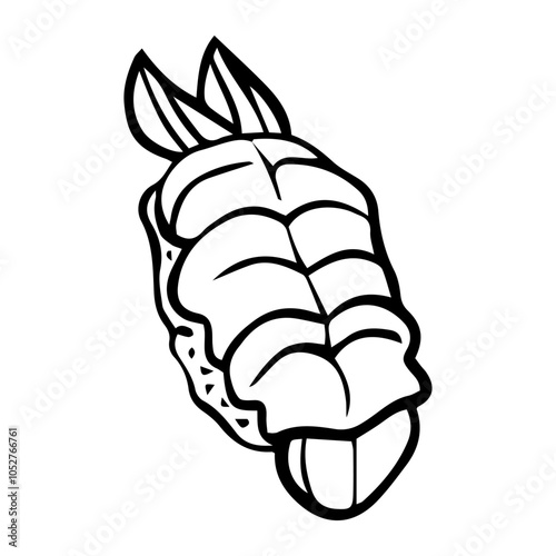 A doodle-style illustration of various sushi pieces, nigiri, rolls, and sashimi. Hand-drawn with cute, whimsical details. For Asian food-themed designs and patterns