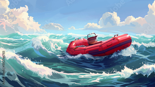 Red Inflatable Raft Navigating Rough Sea Waves Turbulent Water Adventure Cartoon Illustration Rescue Boat Whitecaps Stormy Ocean Safety Equipment Buoyant Raft Rough Waters Floating