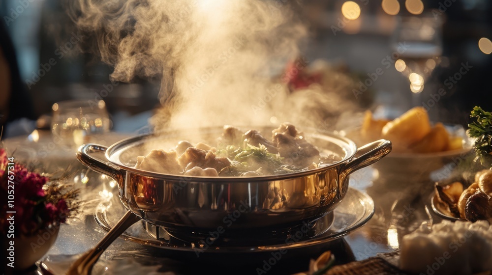 Hotpot bubbling with steam rising, the table bathed in soft, warm light, creating