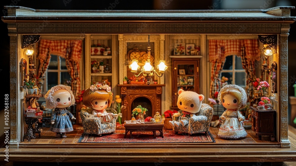 Fototapeta premium Miniature dollhouse living room with dolls and bear relaxing.