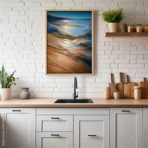 Modern coastal organice white brick wall kitchen with wood counter-tops black metal faucets, wooden objects, and plants with an abstract painting on the wall. Great for art product mock-ups