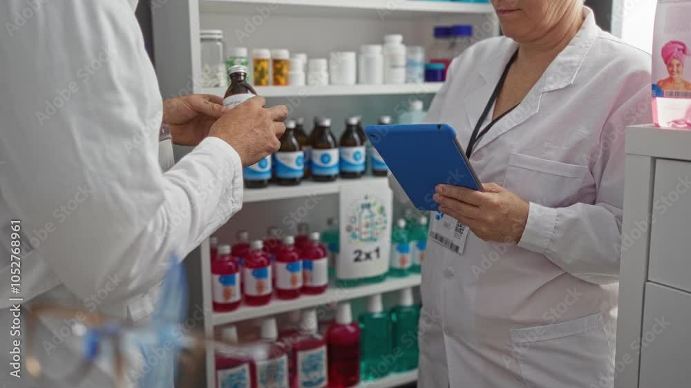Man and woman pharmacists in a pharmacy discussing medications with shelves full of bottles and using a tablet device for reference Man and woman pharmacists in a pharmacy discussing medications with shelves full of bottles and using a tablet device for reference