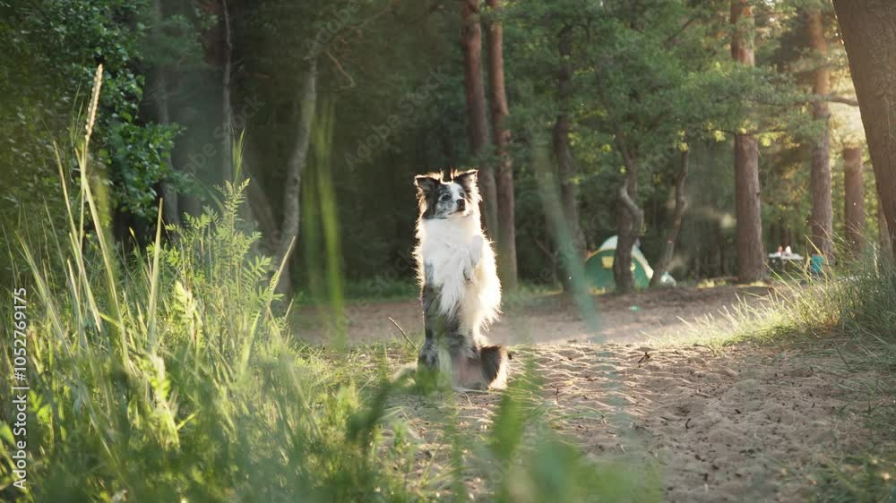 Border Collie sitting quietly in a forest, surrounded by tall grass and trees. The dog appears calm and observant, blending with the natural environment. Border Collie sitting quietly in a forest, surrounded by tall grass and trees. The dog appears calm and observant, blending with the natural environment.