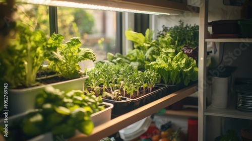 Portable vegetable garden in a small urban space, with natural light showcasing the