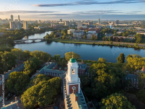 View from Harvard University campus over the Charles River at sunrise. Cambridge, Massachusetts, United States.