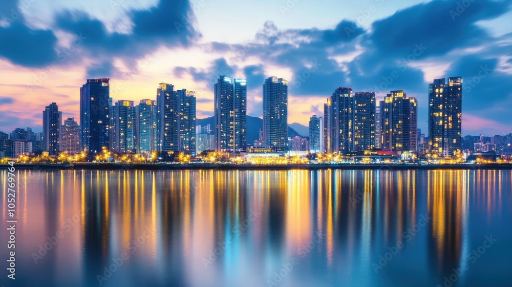 Fototapeta premium The beautiful skyline of Ulsan, with its blend of modern buildings and illuminated harbor
