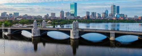 The Longfellow Bridge that crosses the Charles River from Cambridge to Boston. Downtown Boston is in the distance, Massachusetts, United States.