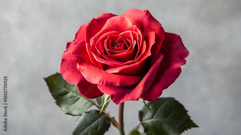 Fototapeta premium Gorgeous red rose flower in full bloom, positioned elegantly on a plain white background, with vibrant colors and delicate petal details