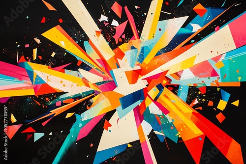 Explosion colorée abstraite avec formes géométriques éclatées
