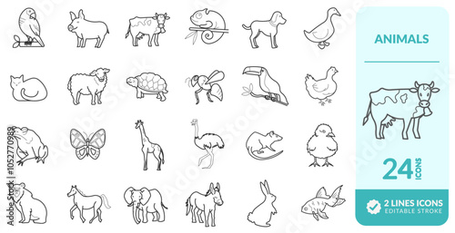 Set of handmade vector farm animal icons horse fish cat dog giraffe elephant birds and others. editorial lines and high quality