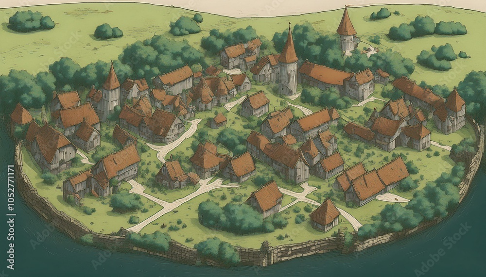 Fototapeta premium DnD Map Medieval Village from Above AI Generate