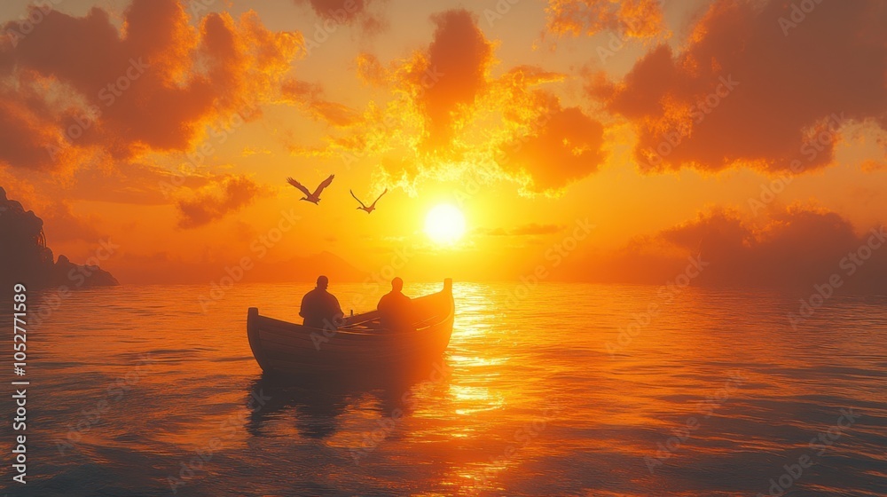 Two people in a boat watching a sunset over calm waters.