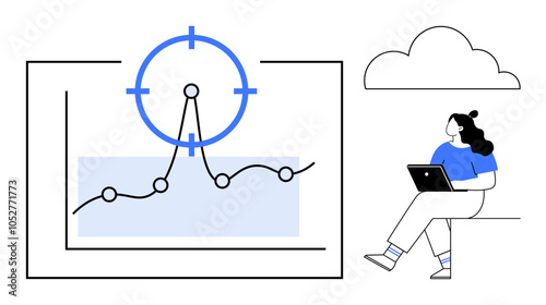 Businesswoman with laptop beside data chart and target focus, under cloud graphic. Ideal for data analysis, business strategy, cloud storage, technological advancement, remote work, goal setting