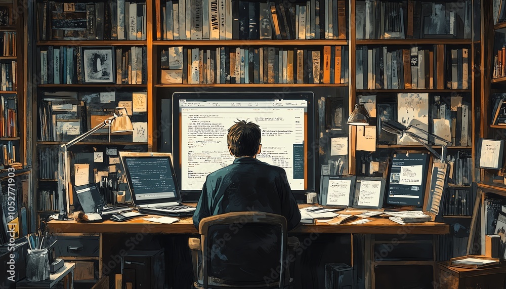 Panoramic image of a writer in a cozy study Panoramic image of a writer in a cozy study