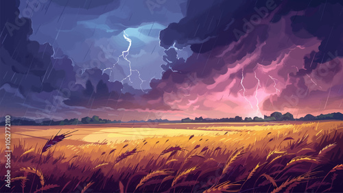 Storm Clouds Over Golden Wheat Field Dark Skies Raging Thunderstorm Wheat Stalks Swirling Windstorm Stormy Weather Agricultural Landscape Cartoon Illustration