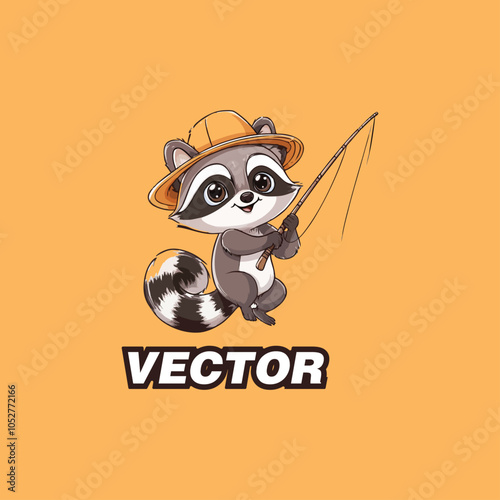 Adorable Cartoon Raccoon with Hat and Fishing Rod, Vector Illustration on Orange Background