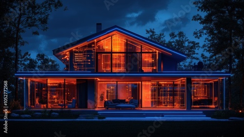 Modern illuminated house at night with glass walls and sleek design.