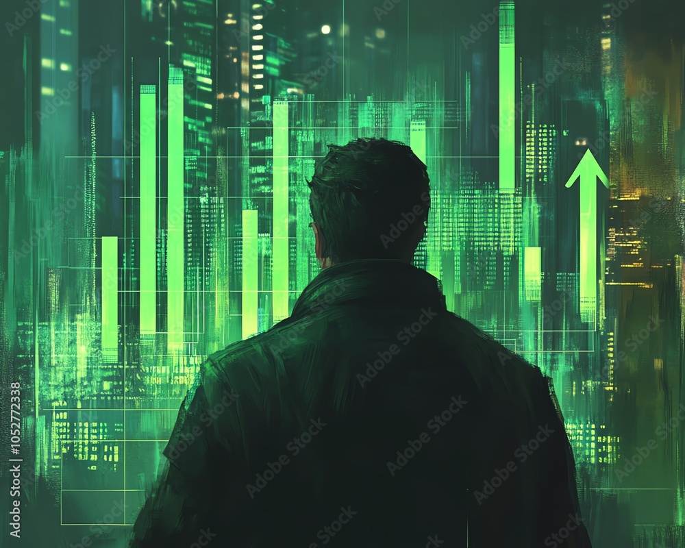 Artistic depiction of a man observing a financial graph featuring green bars and an upward arrow, set against a softly blurred backdrop representing opportunity Artistic depiction of a man observing a financial graph featuring green bars and an upward arrow, set against a softly blurred backdrop representing opportunity