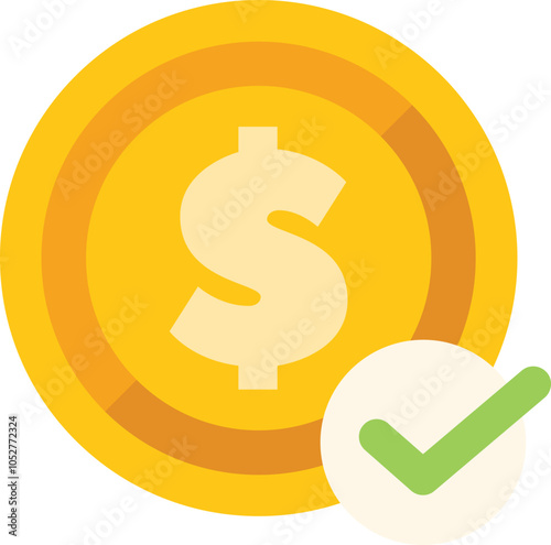 Green check mark is validating a transaction involving a gold coin with a dollar sign on it