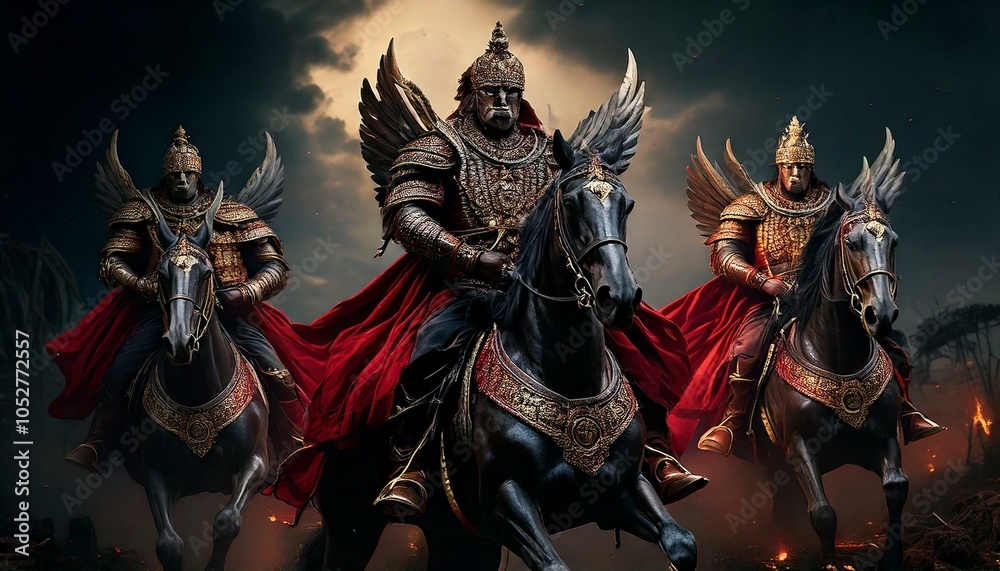 Fototapeta premium Four Horsemen of the Apocalypse in a Dark and Apocalyptic Scene AI Generate
