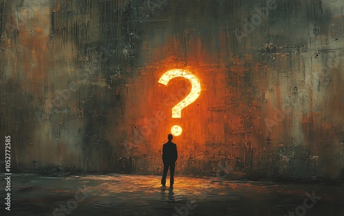 Contemporary design of a silhouette facing a glowing question mark on a rough textured wall, capturing the essence of curiosity and the desire for answers