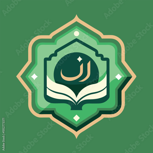 A vibrant green emblem featuring an open book with Arabic calligraphy, symbolizing knowledge and faith.