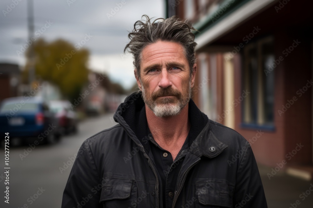 Portrait of a handsome mature man with a beard and mustache wearing a black leather jacket in an urban setting Portrait of a handsome mature man with a beard and mustache wearing a black leather jacket in an urban setting
