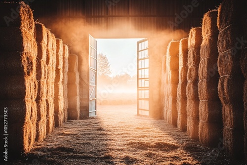 Hay Bales Stacked In Barn With Sunlight Streaming Through Open Doors