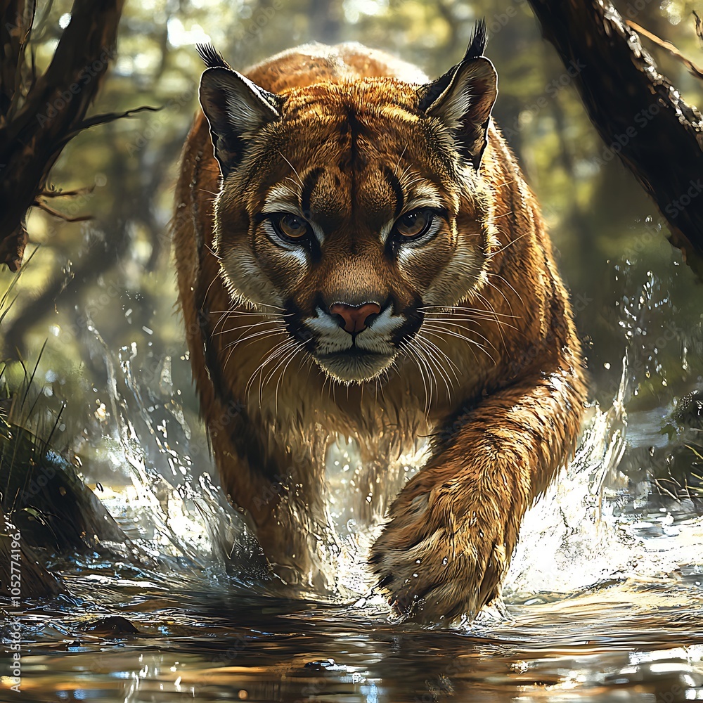 Naklejka premium Majestic mountain lion charging through water in a vibrant forest landscape image