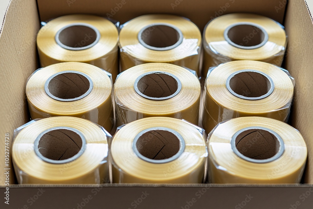 Rolls of Adhesive Tape in Cardboard Box Packaging Supplies Shipping Industry Craft Rolls of Adhesive Tape in Cardboard Box Packaging Supplies Shipping Industry Craft