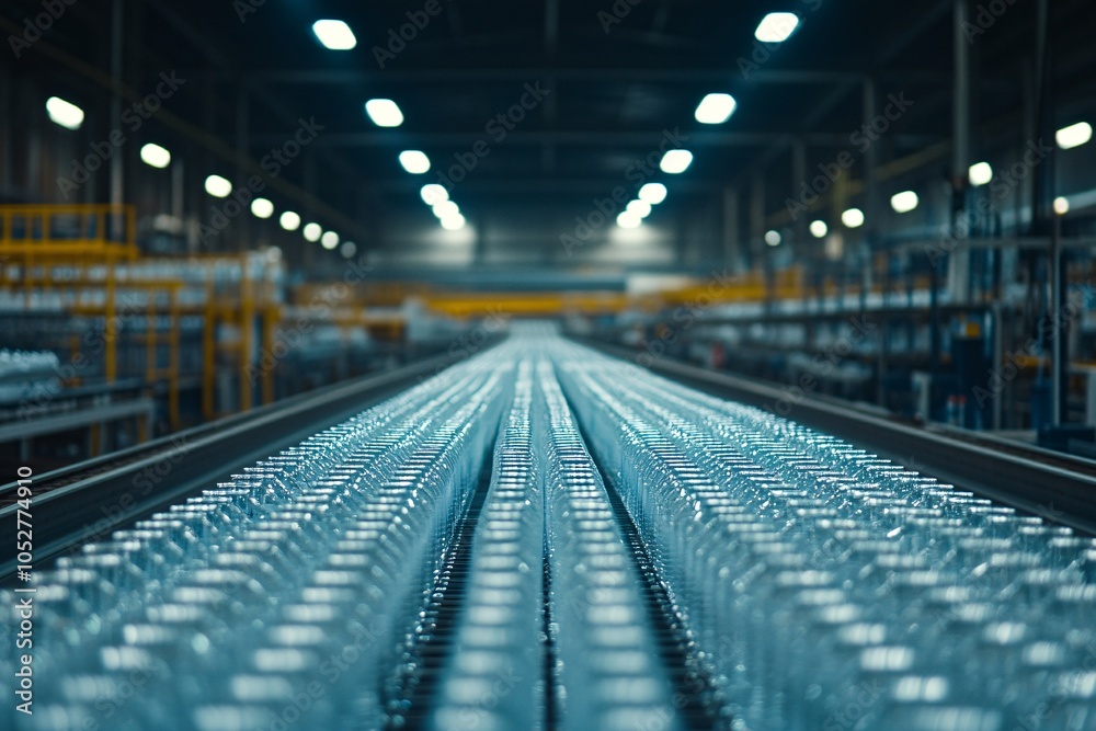 Conveyor Belt with Rows of Glass Bottles in Factory Conveyor Belt with Rows of Glass Bottles in Factory