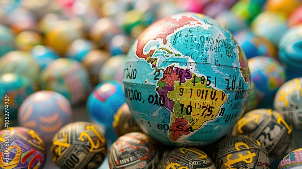 Fototapeta premium A Close-Up of a Globe Surrounded by Dollar Bill-Covered Easter Eggs