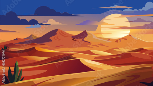 Vibrant sunset over rolling sand dunes with dramatic clouds in a serene desert landscape