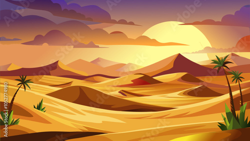 A serene sunset over a vast desert landscape with rolling sand dunes and silhouettes of palm trees during twilight