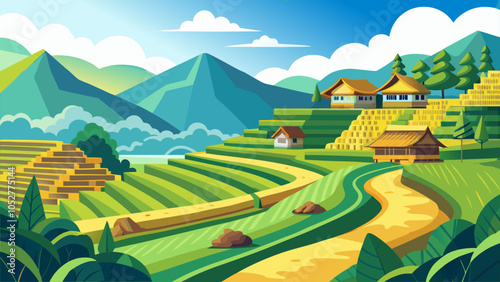 Lush green rice terraces with traditional houses nestled in hills during a sunny day in a picturesque rural landscape